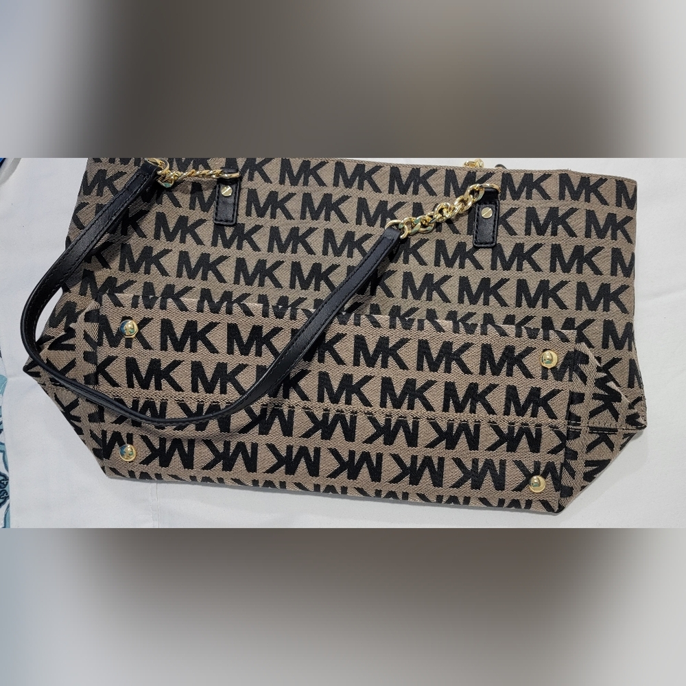 Michael Kors Black and Tan Shoulder Bag with Monogram Print